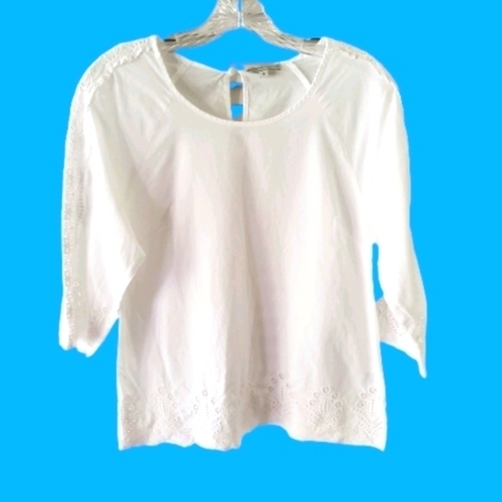 Adrienne Vittadini White Eyelet Lace 3/4 Sleeve Blouse Scalloped Hem Small